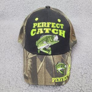Perfect Catch Bass Fishing Hat Cap Camo Black Adjustable‎ Embroidered (KYS)